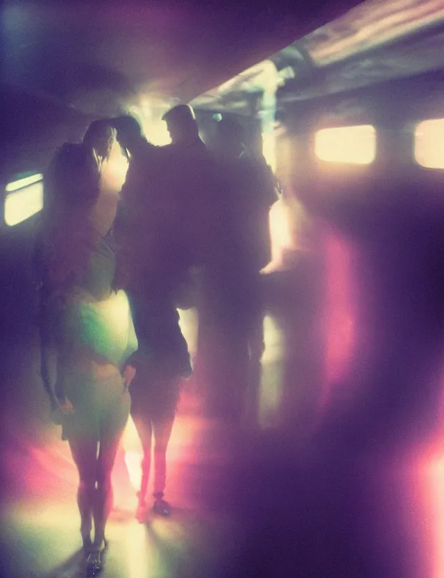 Image similar to wide angle, polaroid photograph with flash, in nyc subway couple of man and woman surrounded by aura light, cool colors, bleached, kodak film stock, hyper real, stunning moody cinematography, with anamorphic lenses, by maripol, detailed