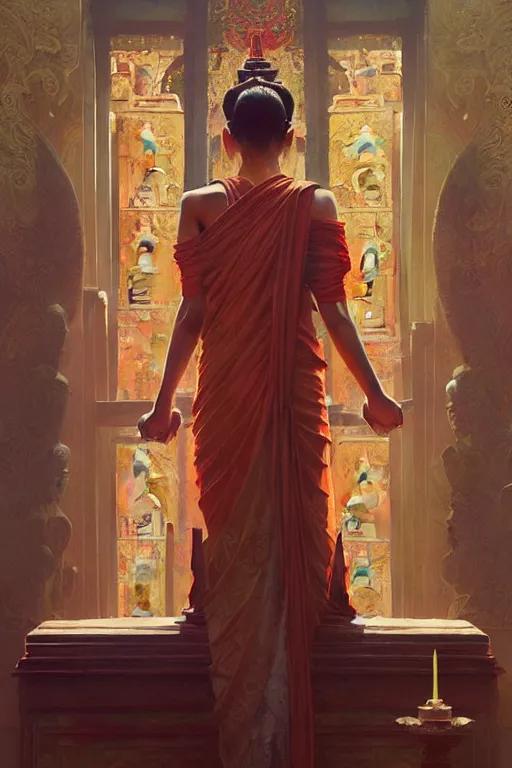 Image similar to temple, buddhism, painting by greg rutkowski, j. c. leyendecker, artgerm