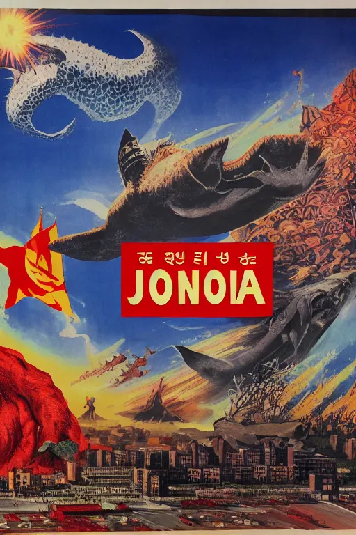 Prompt: a communist propaganda poster of Kim Jong-il and a giant starfish Kaiju monster destroying Pyongyang, traditional Korean city, palace, epic ultrawide shot, cinémascope