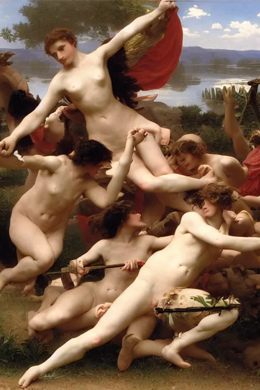 Image similar to battling Spartans against sheep in the style of  William Adolphe Bouguereau