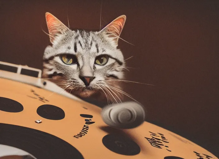 Image similar to photography of a Cat sitting on a record player. in a room full of posters, photorealistic, raining award winning photo, 100mm, sharp, high res