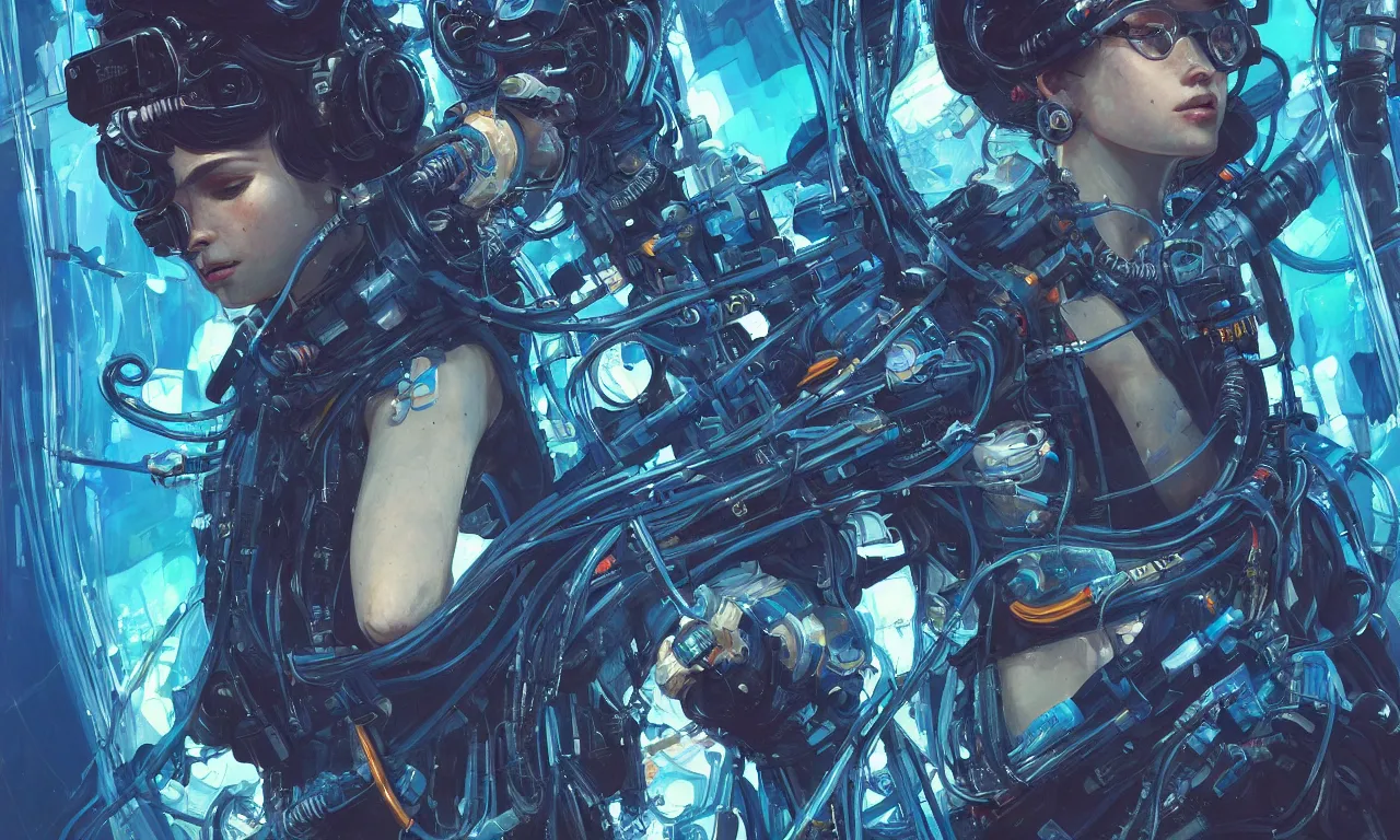 Image similar to a hyper detailed painting of a cyberpunk scuba girl, cables everywhere, blue tones, underwater, highly detailed, digital painting, artstation, concept art, smooth, sharp focus, illustration, art by artgerm and greg rutkowski and alphonse mucha