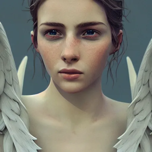 Image similar to portrait art of female angel, art by alessio albi 8 k ultra realistic, angel wings, lens flare, atmosphere, glow, detailed, intricate, full of colour, cinematic lighting, trending on artstation, 4 k, hyperrealistic, focused, extreme details, unreal engine 5, cinematic, masterpiece