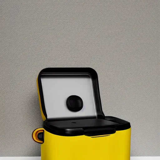 Image similar to yellow coffee mug full of steaming coffee, mugs surface is made of rimowa aluminium suitcase,