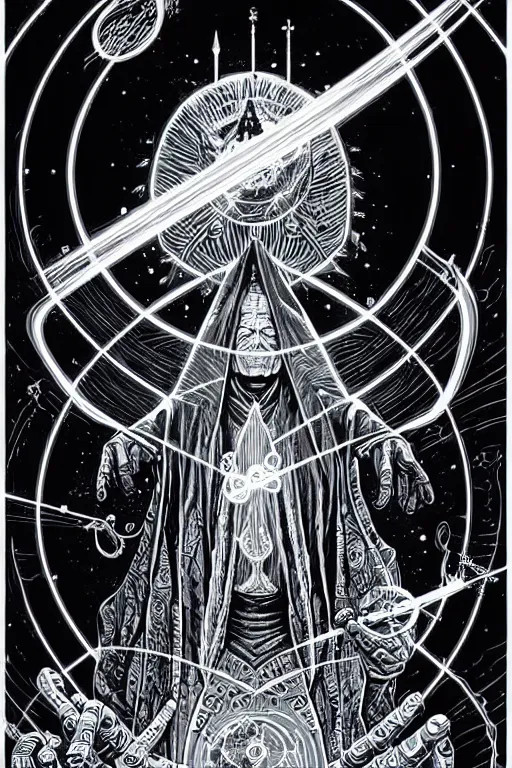 Image similar to cloaked ancient alchemist wizard casting a spell, high details, lineart, by vincent di fate and joe fenton,, inking, screen print, masterpiece, trending on artstation, sharp, high contrast, hyper - detailed, hd, 4 k, 8 k