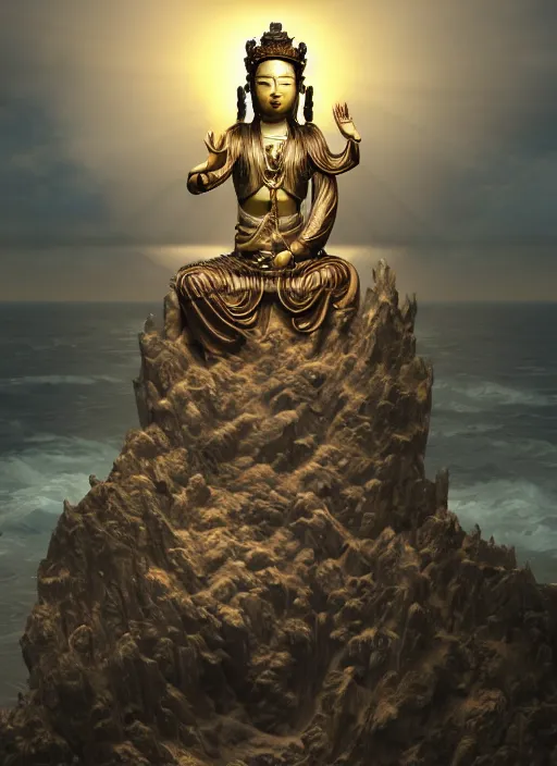 Image similar to guanyin stand on big loutus, a godness of the southern seas, a realistic setting with muted colors, visual novel cover, by yoshitaka amano, zeng fanzhi, jane hamilton, tiffany studios, sunrays shine uponit, frostbite 3 engine, cryengine, dof, trending on artstation, digital art, fantasy detailed background