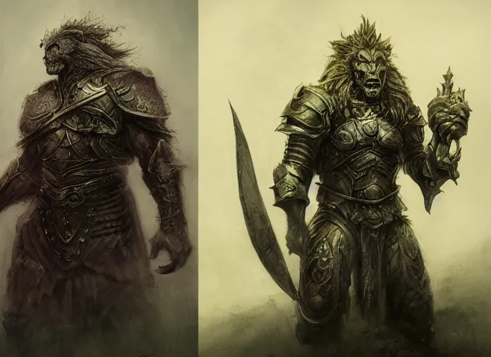 Image similar to were lion warrior concept, babylon armor, beksinski, ruan jia, the hobbit orc concept, dark soul concept