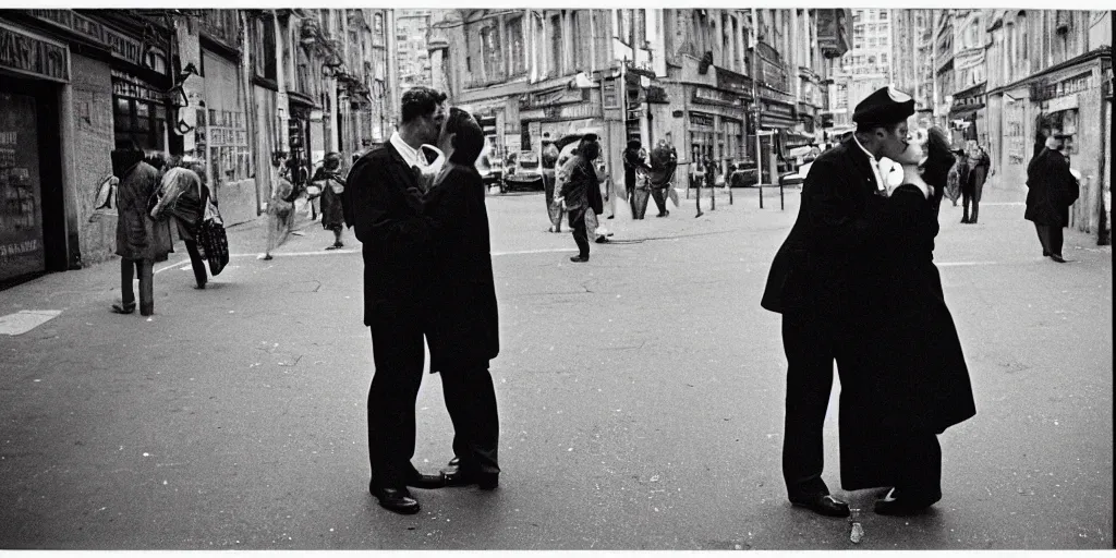 Prompt: street photo, couple of man and woman kiss on the background of the war, film photography, exposed b & w photography, christopher morris photography, bruce davidson photography, peter marlow photography