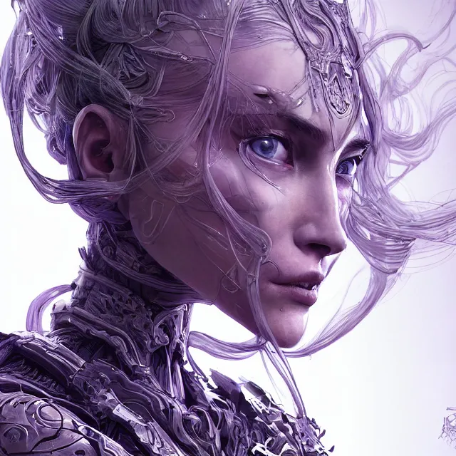 Image similar to close facial portrait of a pale woman in sci - fi armor with a flowing purple, elegant, stoic, intense, ultrafine hyperdetailed illustration by kim jung gi, irakli nadar, intricate linework, sharp focus, bright colors, octopath traveler, final fantasy, hearthstone, highly rendered, global illumination, radiant light, detailed, intricate environment