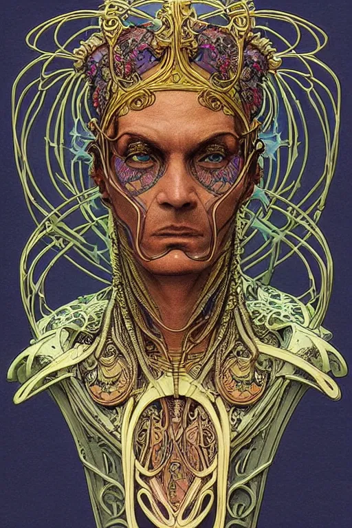 Prompt: a beautiful full-color art nouveau bust portrait of a godlike and stoic alien king, with benevolent and loving eyes, extremely detailed frontal angle, art nouveau cyberpunk engraved armor and intricate crown of infinite power, perfectly symmetrical facial structure and framework, honorable and honest alien facial features of ageless wisdom, by michael kaluta and travis charest, dark sci-fantasy, deeply ornate complexity, male face and bust, human anatomy mixed with alien and cyborg characteristics, sci-fi character concept, photorealism, epic art nouveau framing, stunning lighting, hyperrealism, 8k