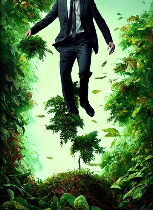 Image similar to highly detailed comedy caper movie poster with silly wacky zany keanu reeves as a sentient pile of leaves, keanu reeves green face as tree sentient leafy bush, falling through a leafy mind chasm by greg rutkowski, masterpiece, really funny, 1 0 / 1 0 comedy