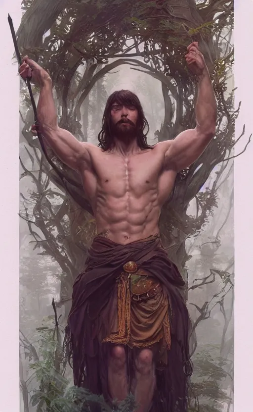 Prompt: God of the forest, male, long hair, gorgeous, amazing, muscular, intricate, highly detailed, digital painting, artstation, concept art, sharp focus, illustration, art by greg rutkowski and alphonse mucha