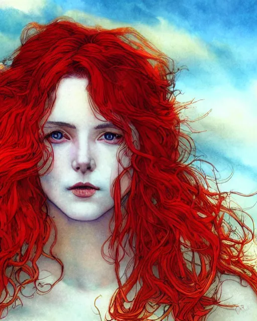 Prompt: a hyper realistic portrait of a beautiful woman with red hair, blue skies background, fog, vibrant colors. by rebecca guay
