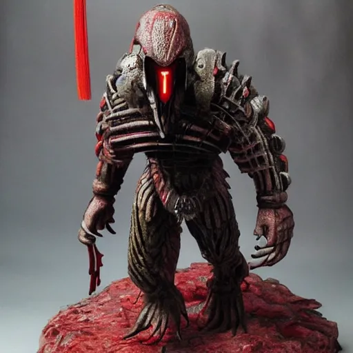 Image similar to predator alien wearing a samurai armor