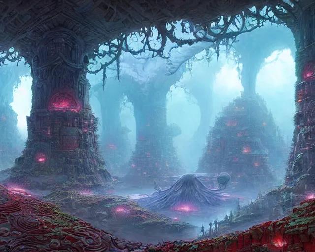 Prompt: mycelium temple, marc simonetti, leiji matsumoto, intricately detailed fantasy scenery