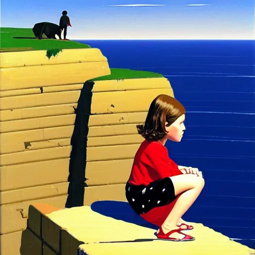 Image similar to asymmetrical, 6 year old girl kneels at edge of cliff facing a gigantic son, by jack vettriano,