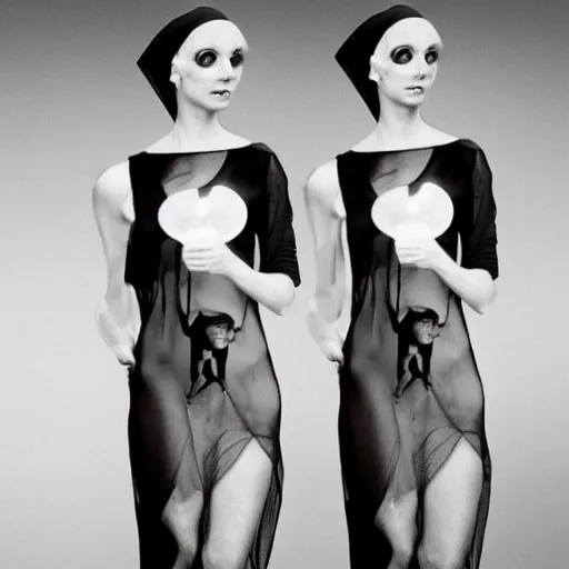 Image similar to award winning photo Floating twins, buxom nuns, wearing translucent habits, see through dress, Very long arms, in a bedroom, eerie, frightening, highly detailed, photorealistic —width 1024 —height 1024