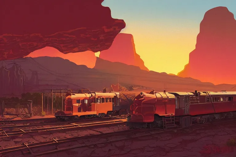 Image similar to idyllic old western train station illustration by syd mead, artstation, 4 k, graphic novel, concept art, matte painting, steam engine, beautiful mountain desert sunset background, golden hour