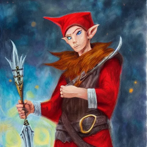 Prompt: a fantasy elf that is a wizard, holding a spell book and a dagger, with red hair, blue eyes, and is tall, oil on canvas
