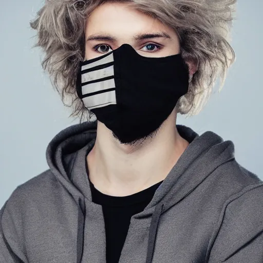 Prompt: professional digital art of a cute young adult man with blonde fluffy messy hair and wide eyes wearing a black face mask and a gray hoodie, high quality, HD, 8K, highly detailed, award-winning