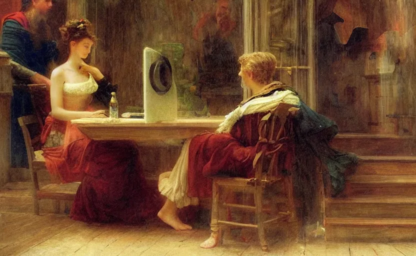 Prompt: computer on trial in medieval bavaria by pierre auguste cot and delphin enjolras and daniel f. gerhartz