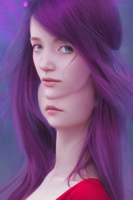 Prompt: 4k centered detailed portrait of a beautiful intimate woman with long purple cosmic hair and a beautiful red dress, by ilya kuvshinov and ross tran. Anime, volumetric lighting