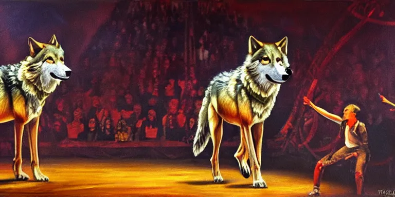 Prompt: wolves perfoming in the circus. long shot. oil paint. extremely high detail