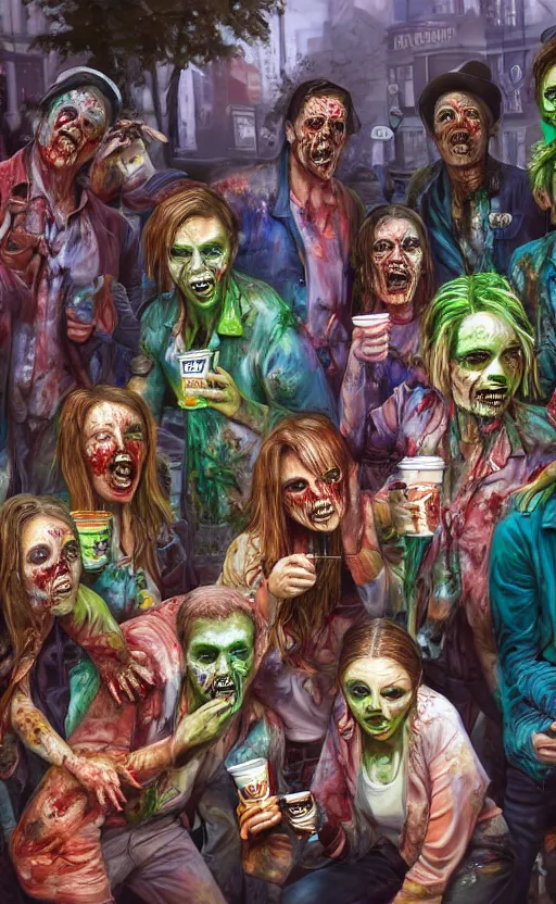 Prompt: beautiful detailed photorealistic painting of a group of friends dressed as zombies, in starbucks drinking coffee. vibrant, high quality, vibrant colors, very funny, beautiful, hq. hd. 4 k. award winning. trending on artstation