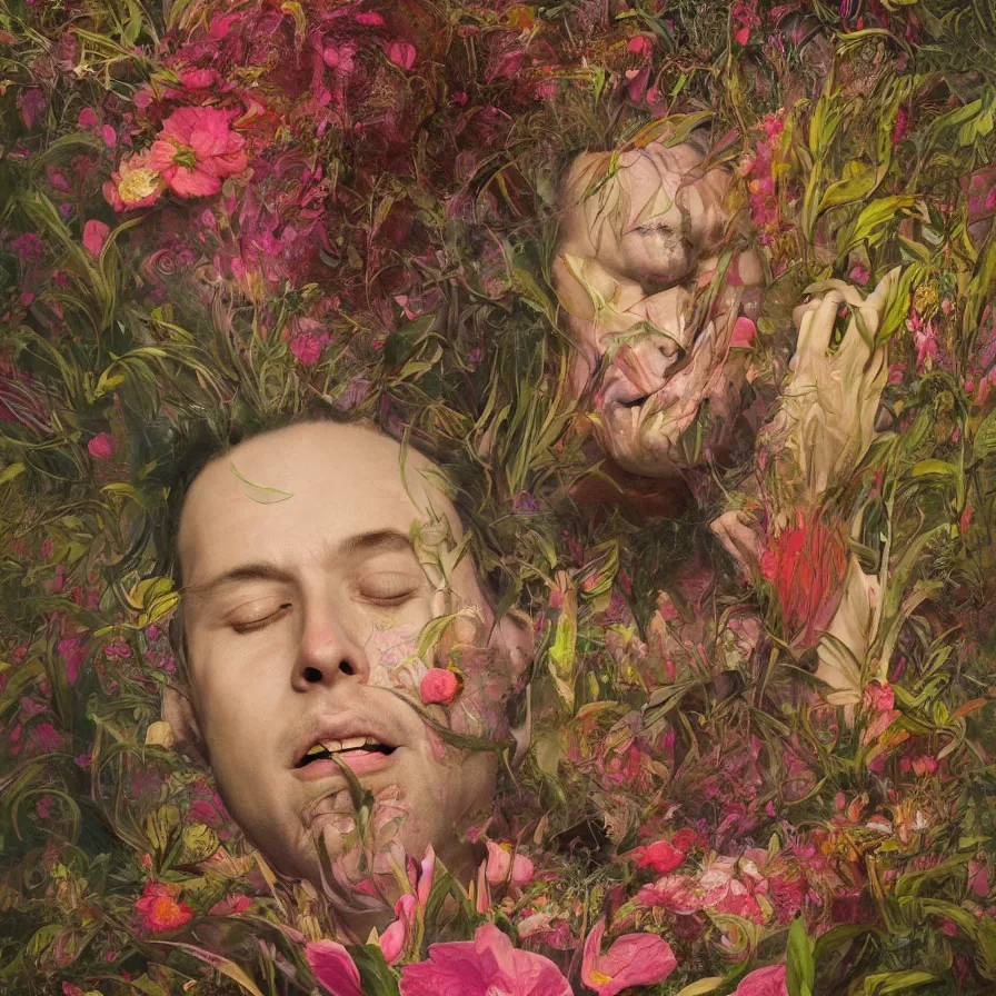 Prompt: male portrait of todd solondz tripping on dmt and becoming god, surrounded by flowers by francis bacon, karol bak, james jean, tom bagshaw, rococo, trending on artstation, cinematic lighting, hyper realism, dramatic, emotional, octane render, 8 k, hyper detailed.