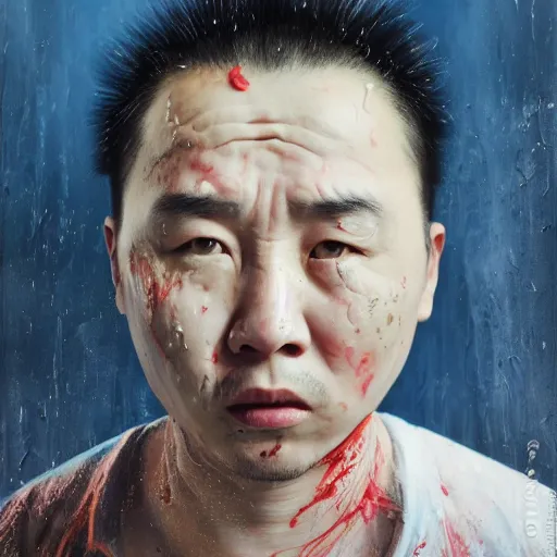 Prompt: photorealistic face portrait of chinese uyghur muslim prisoner, spilled paint, wearing victorian rags, elite, disfigured, drooling, moist, unnatural movement, they are unhappy, bizzaro, baroque, renaissance, by emedios varo and anato finnstark and fenghua zhong, hyperrealism, 8 k, 3 d, masterpiece, texture