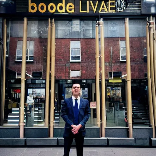 Image similar to “Andrew Tate standing outside Bootle Strand in Liverpool, photorealism, 8k, intricate details”