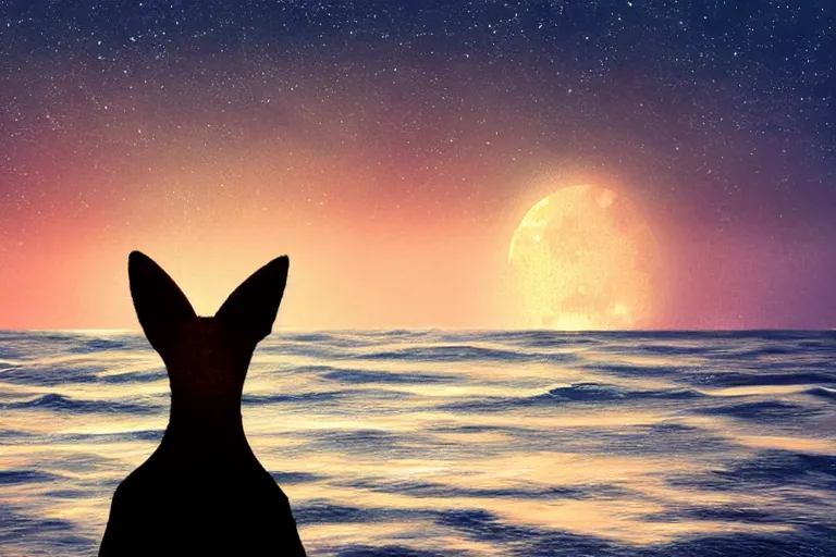 Image similar to close shot of human with fox ears standing in the middle of the ocean, digital art, acrylic, detailed, glows, moonlight,