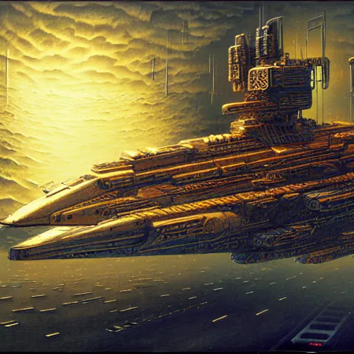 Image similar to cyberpunk battleship hovering, atmospheric lighting, painted, intricate, golden hour, ultra detailed by peter gric, giger, enki bilal