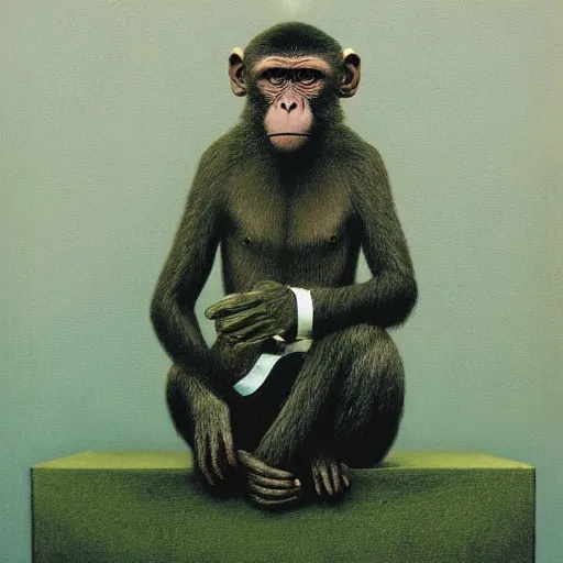 Image similar to monkey in a suit made by zdzislaw beksinski