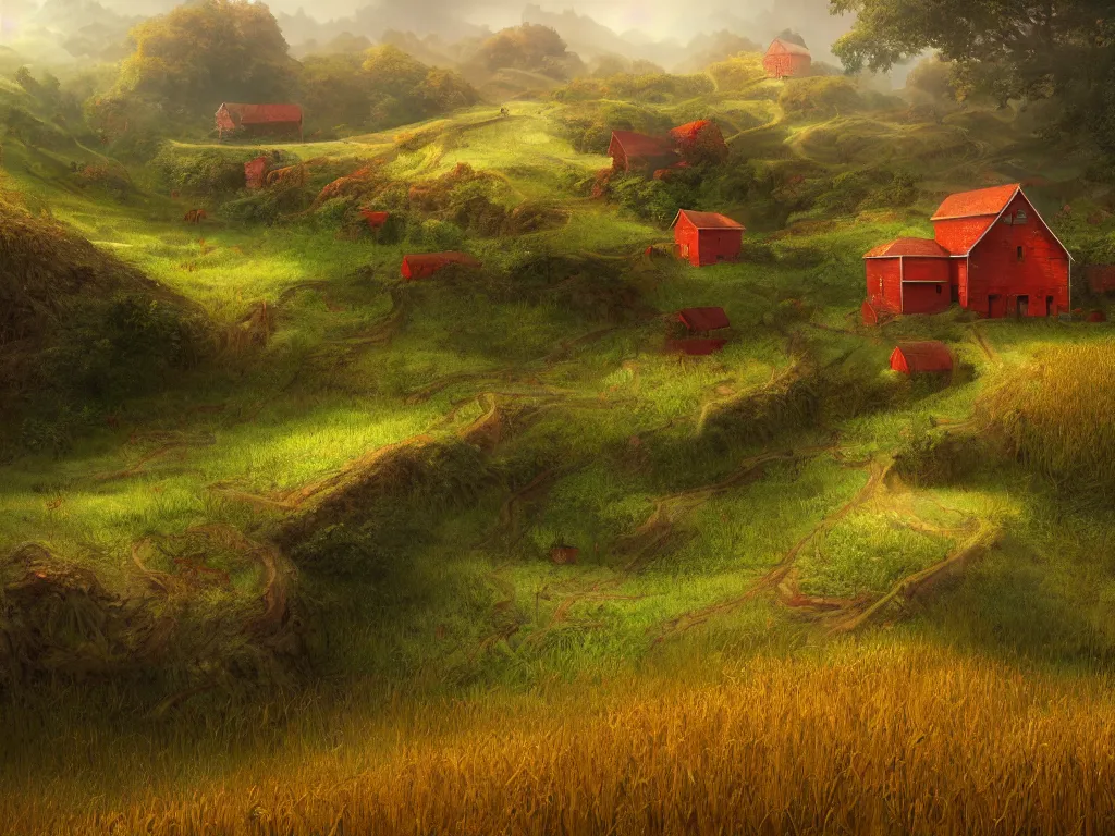 Prompt: Intricate detailed lush ravine with a single isolated red barn next to a wheat crop at noon. Wide angle shot, surreal, dreamlike, Artstation, Marc Simonetti.