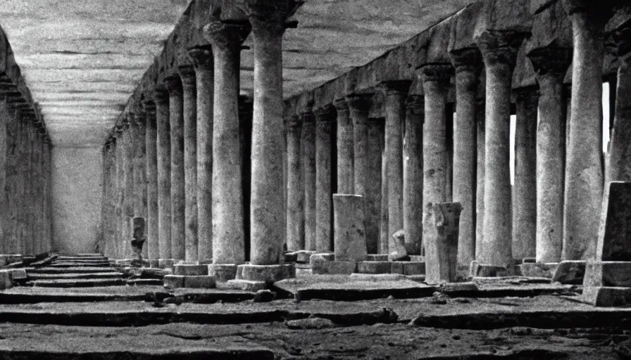 Image similar to 1 9 7 0 s andrei tarkovsky movie still of a pyramid building with columns, by piranesi, panoramic, ultra wide lens, cinematic light, anamorphic