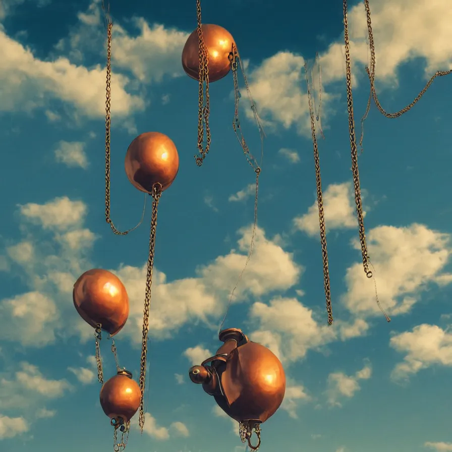 Image similar to beautiful blimps high in the sky, copper chains hanging from the edges, steampunk styled, golden hour, steam clouds, clouds, valves, award winning photography, highly detailed, low poly, extremely wide angle