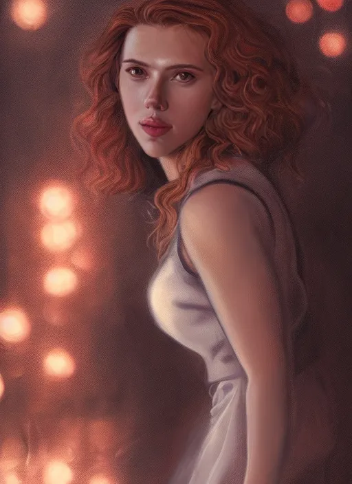 Image similar to portrait of teenage scarlett johansson, long haircut, flowing blonde curly hair, white shirt, red tie, smiling kindly, forest at background, 1 9 8 0 s, intricate, elegant, glowing lights, highly detailed, digital painting, artstation, concept art, smooth, sharp focus, illustration, art by wlop, mars ravelo and greg rutkowski