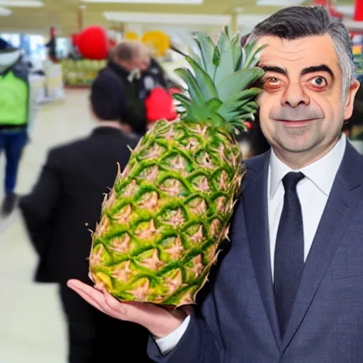 Image similar to rowan atkinson stealing a pineapple from target, realistic photo, uhd