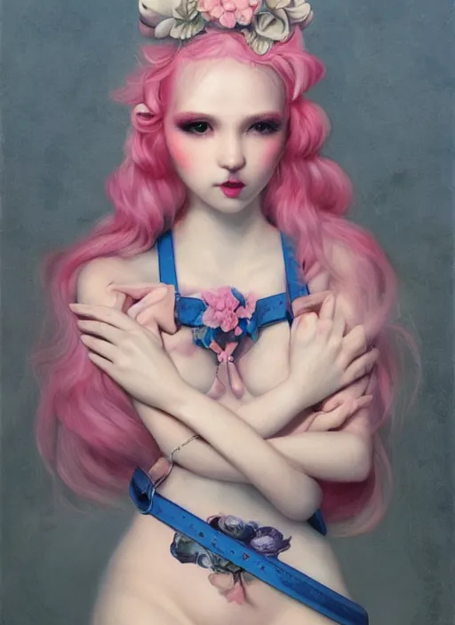 Image similar to pop surrealism, lowbrow art, realistic seductive cute woman painting, pink body harness, japanese shibari with blue flowers, hyper realism, muted colours, rococo, natalie shau, loreta lux, tom bagshaw, mark ryden, trevor brown style,