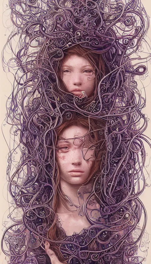 Image similar to very detailed portrait of a 2 0 years old girl surrounded by tentacles, the youg woman visage is blooming from fractal and vines, by android jones,