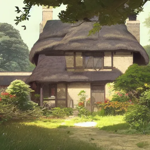 Prompt: concept art painting of an english cottage with japanese influence, in the woods, cozy, realistic, detailed, cel shaded, in the style of makoto shinkai and greg rutkowski and james gurney