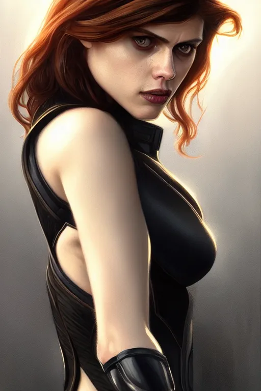 Image similar to alexandra daddario as black widow, realistic portrait, symmetrical, highly detailed, digital painting, artstation, concept art, smooth, sharp focus, illustration, cinematic lighting, art by artgerm and greg rutkowski and alphonse mucha