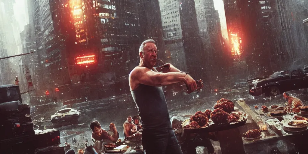 Image similar to Die Hard movie but John McLane is eating meatballs all the time , Greg Rutkowski, Darek Zabrocki, Karlkka, Jayison Devadas, Phuoc Quan, trending on Artstation, 8K, ultra wide angle, pincushion lens effect.