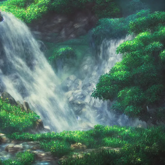 Image similar to an epic makoto shinkai and renoir landscape with a waterfall, ink spirals, ultra smooth, octane render