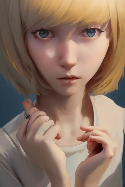 Image similar to complicated dynamic composition, by Loish,ilya kuvshinov,krenz cushart ,Greg Rutkowski, trending on artstation. Zbrush sculpt colored, Octane render in Maya and Houdini VFX,realistic close-up face of cute young blonde girl, deep blue eyes, Amazing textured brush strokes, studio lighting.