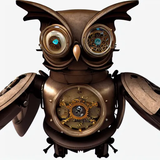 Image similar to 3D render of highely detailed steampunk mechanical owl robot