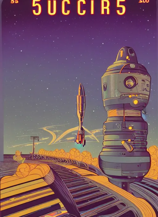 Prompt: 5 0's night retro - futurism by michael whelan and naomi okubo and dan mumford. cute 5 0's rockets. cel - shaded. glossy paint