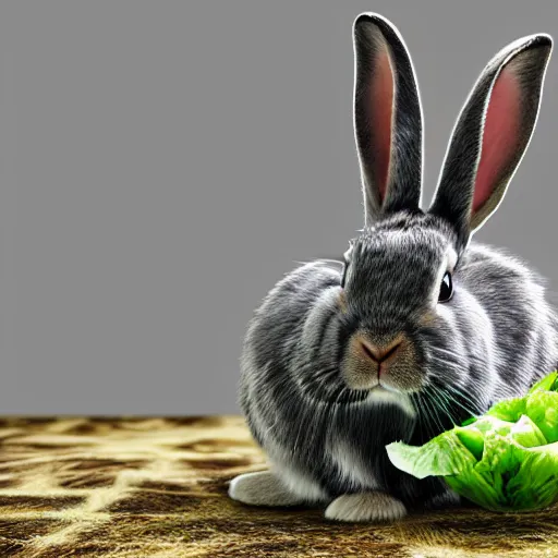 Prompt: Rabbit eating lettuce, black and white fur, very furry, pink nose , photorealistic, ultra-detailed, 4k high resolution, HDR shot