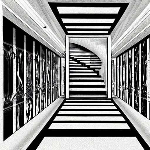 Prompt: “a disorienting white hallway and staircase with many doors, marble material, confusion, creepy, dimensions, MC Escher architecture, by Junji Ito”